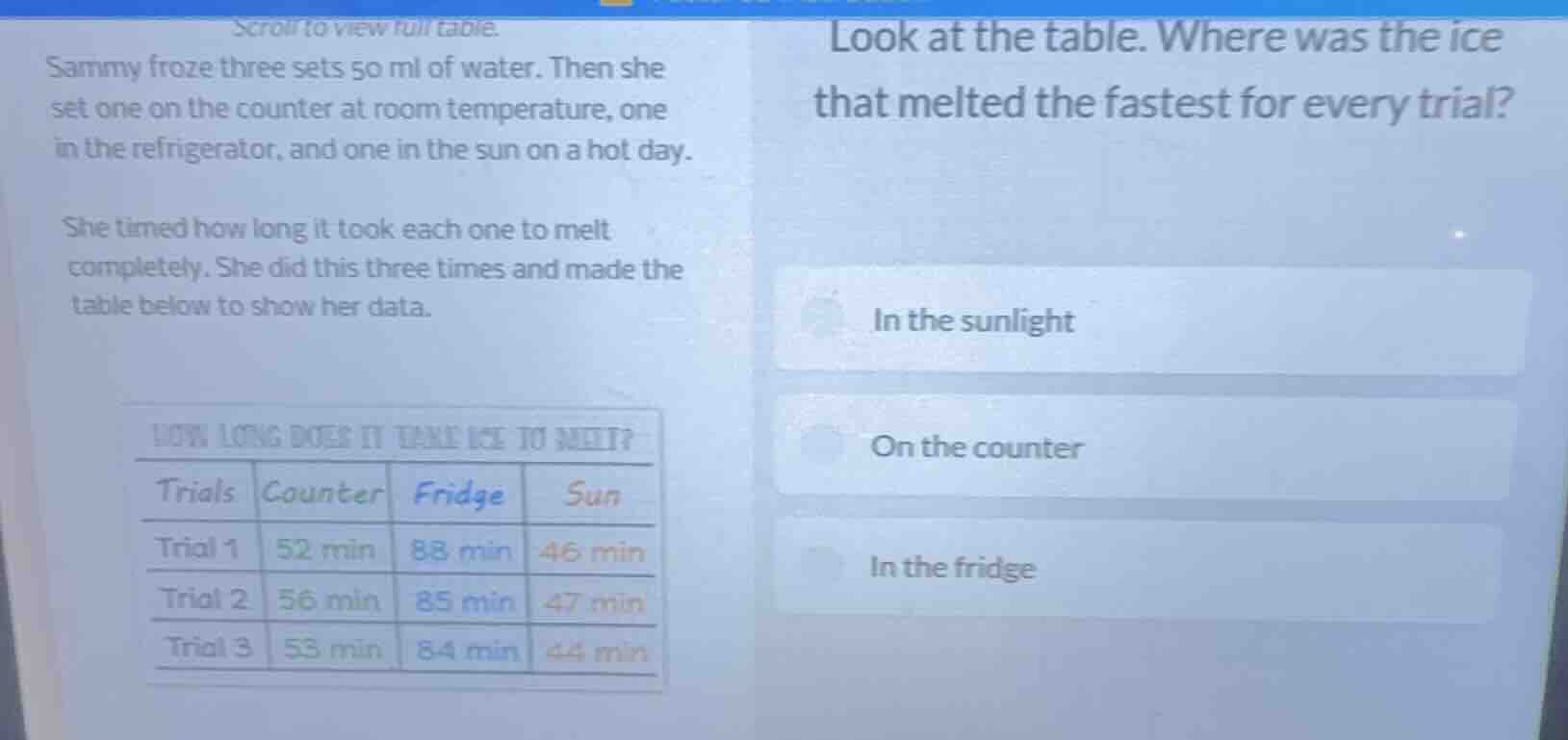scroll to view full table. sammy froze three sets 50 ml of water. then …
