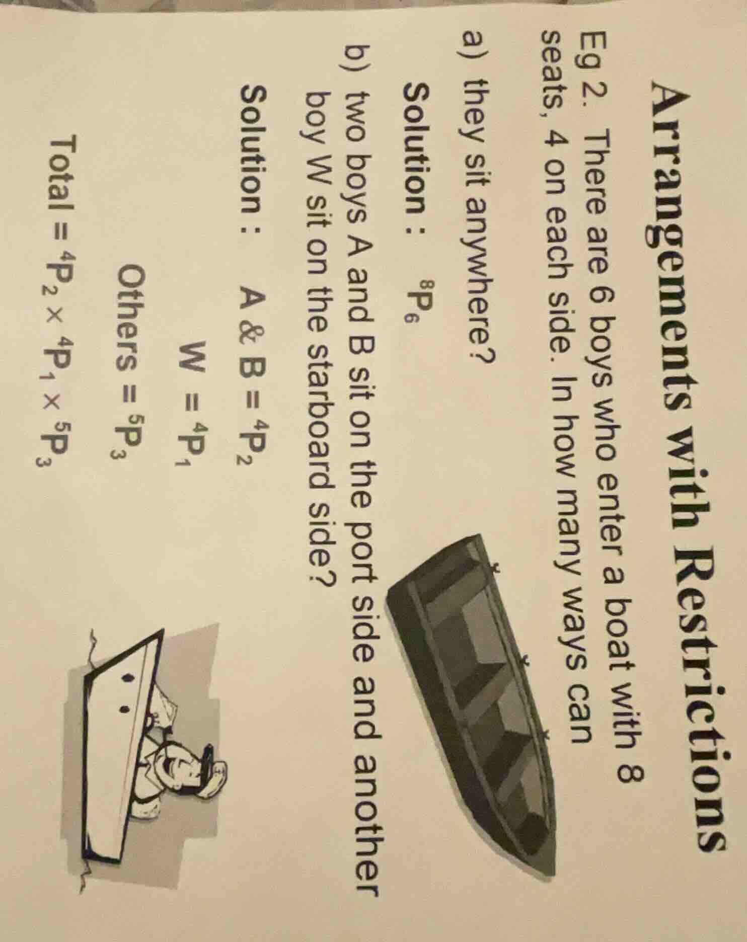 arrangements with restrictions eg 2. there are 6 boys who enter a boat …