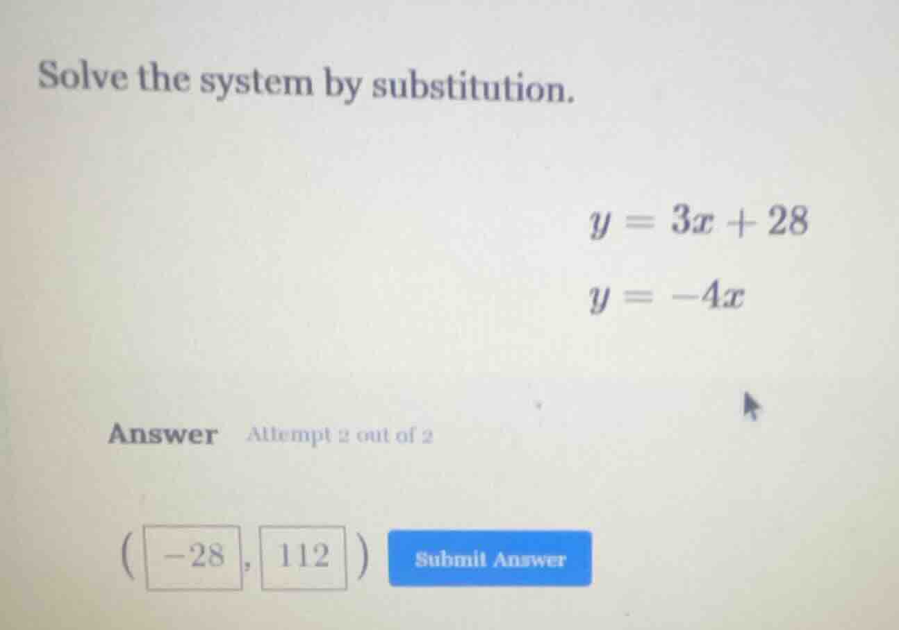 solve the system by substitution. $y = 3x + 28$ $y = -4x$ answer attemp…