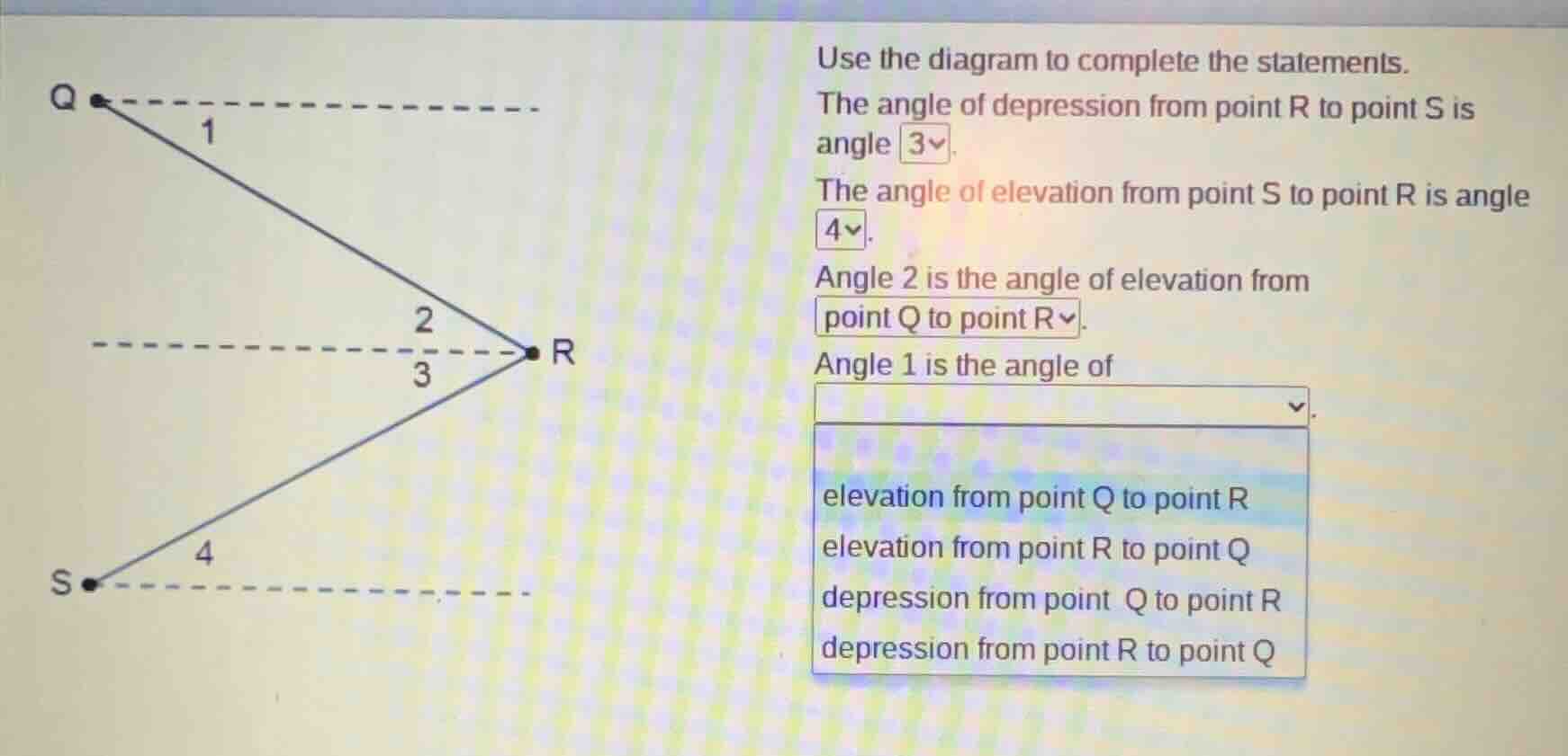 use the diagram to complete the statements. the angle of depression fro…
