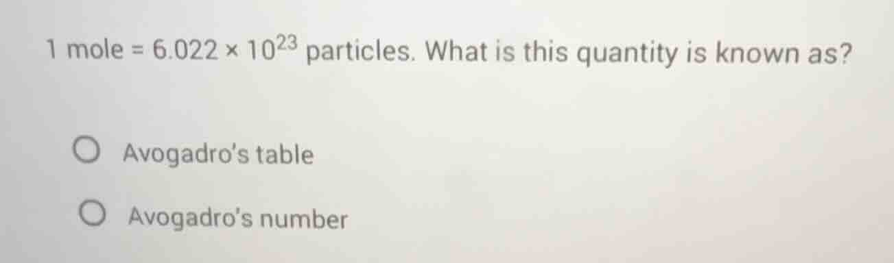 1 mole = 6.022 × 10²³ particles. what is this quantity is known as? ○ a…