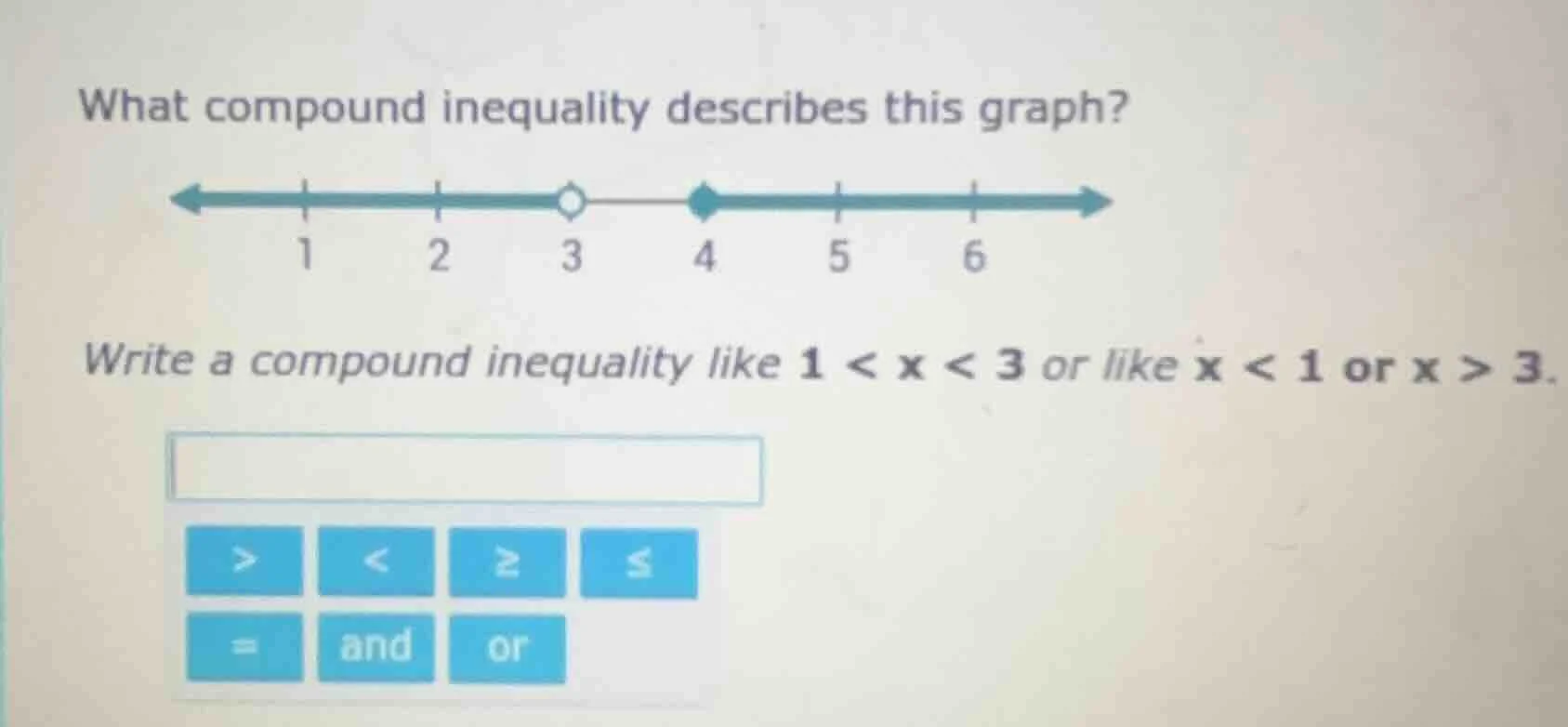 what compound inequality describes this graph? (number line with 1, 2, …