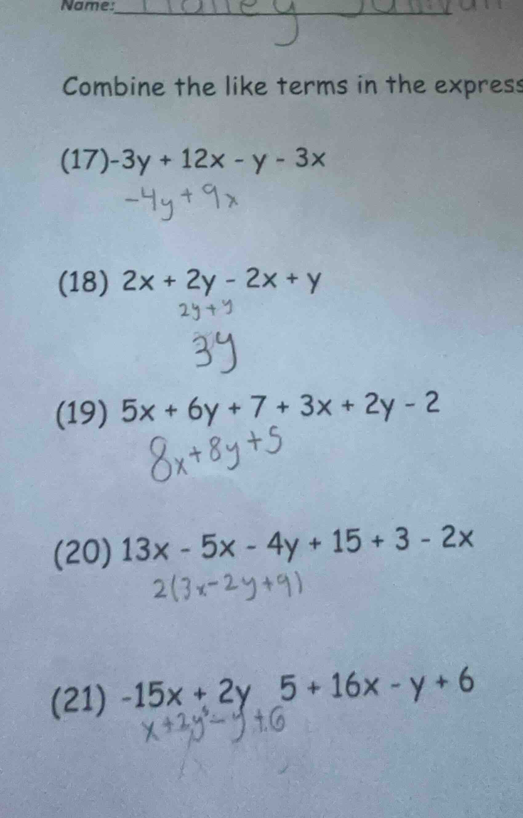 name: combine the like terms in the express (17) -3y + 12x - y - 3x -4y…
