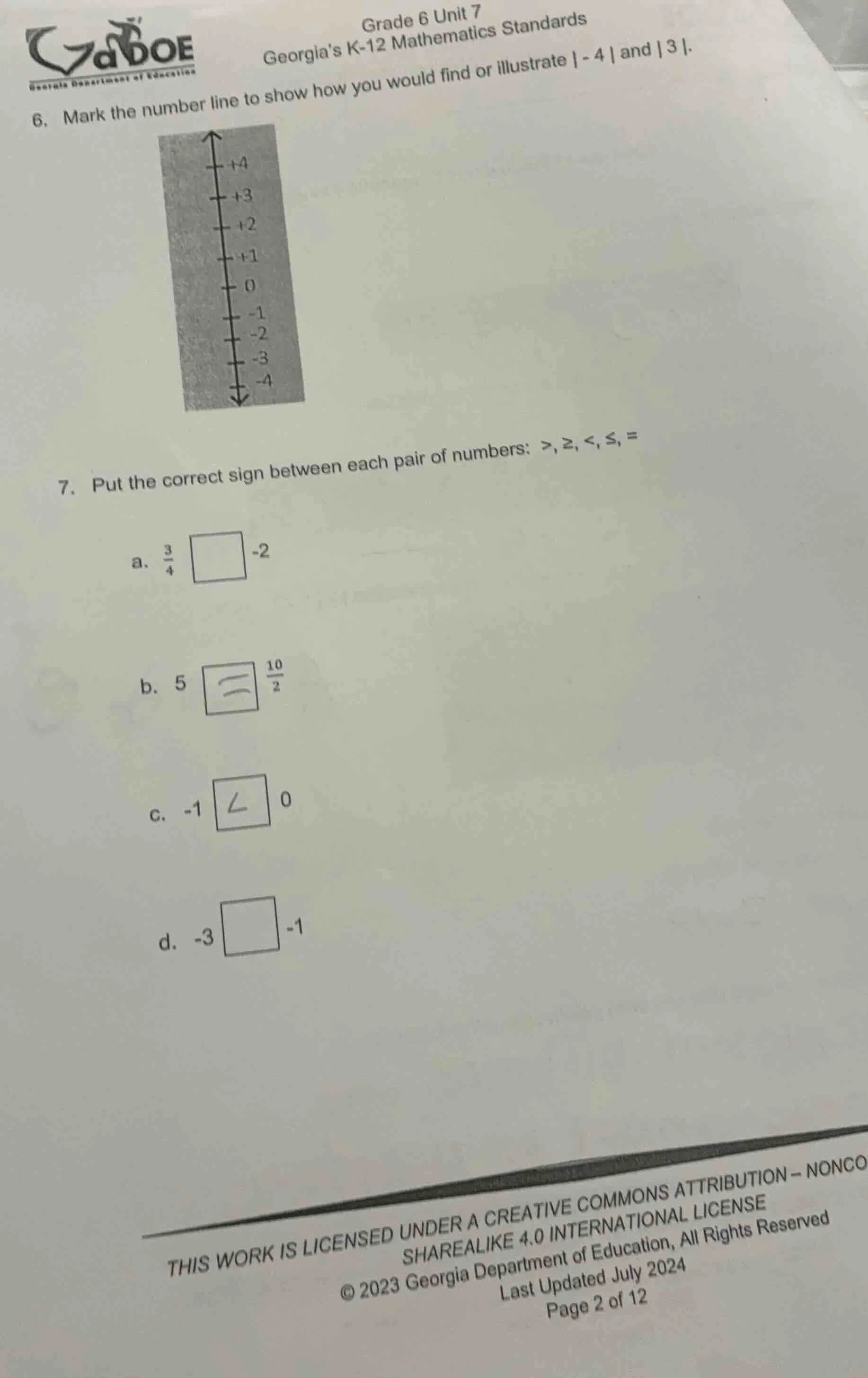 grade 6 unit 7 georgias k-12 mathematics standards 6. mark the number l…