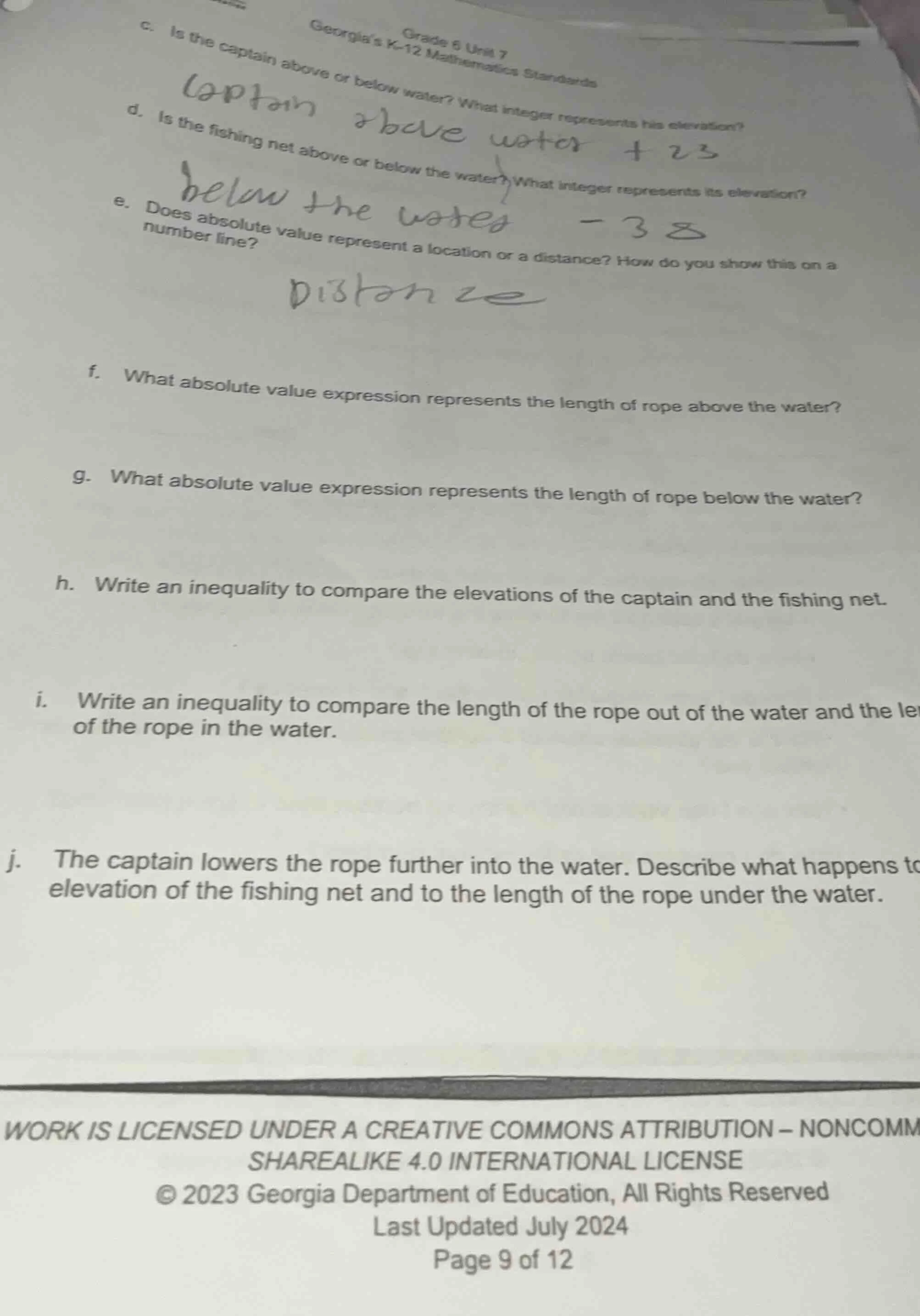 c. is the captain above or below water? what integer represents his ele…