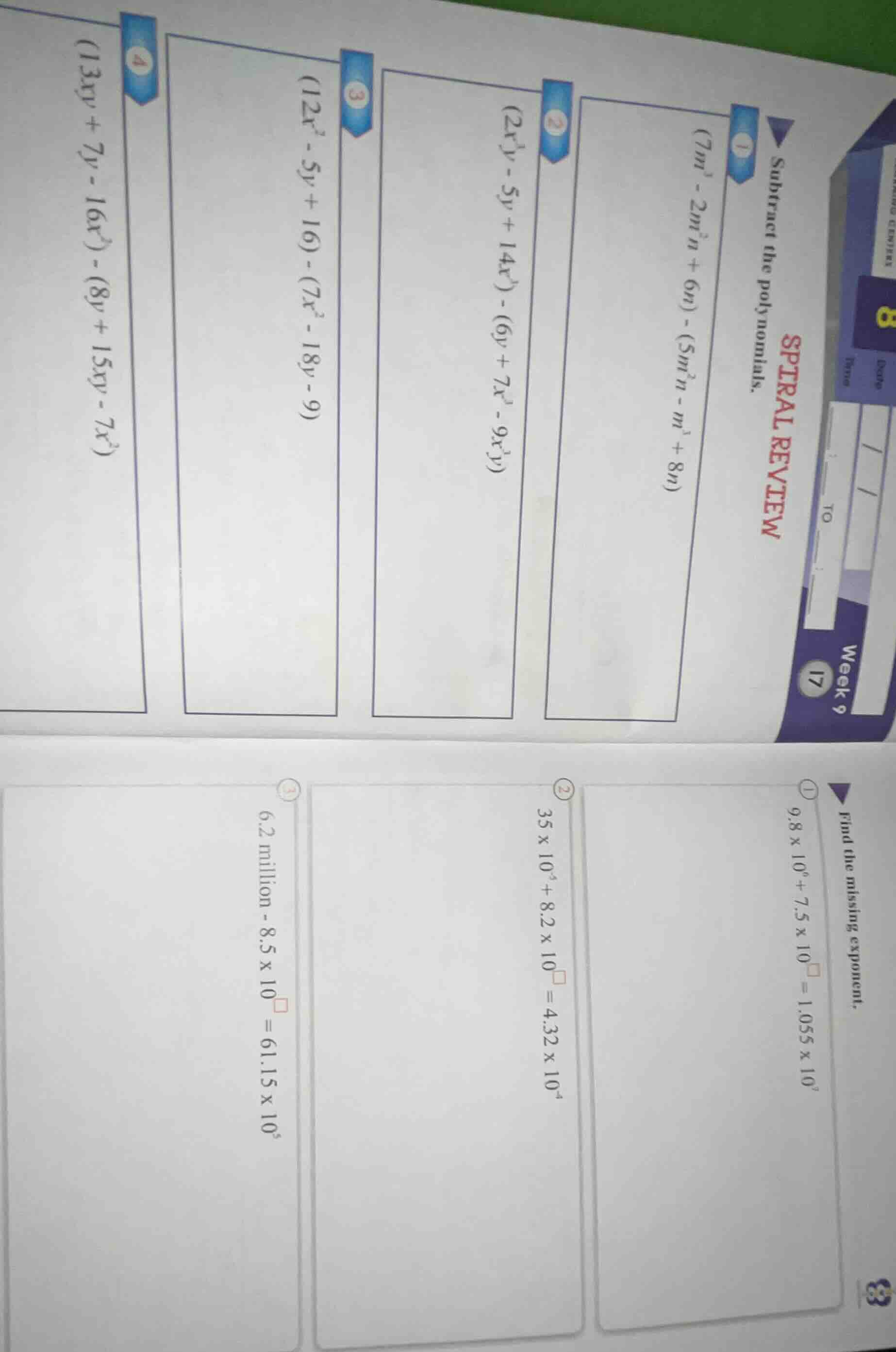 sptral review subtract the polynomials. 1. $(7m^3 - 2m^2n + 6n) - (5m^2…