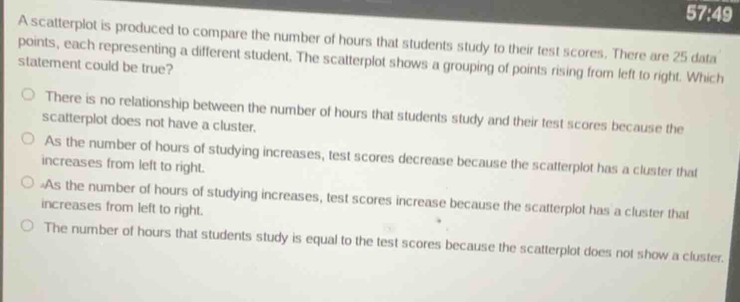 a scatterplot is produced to compare the number of hours that students …