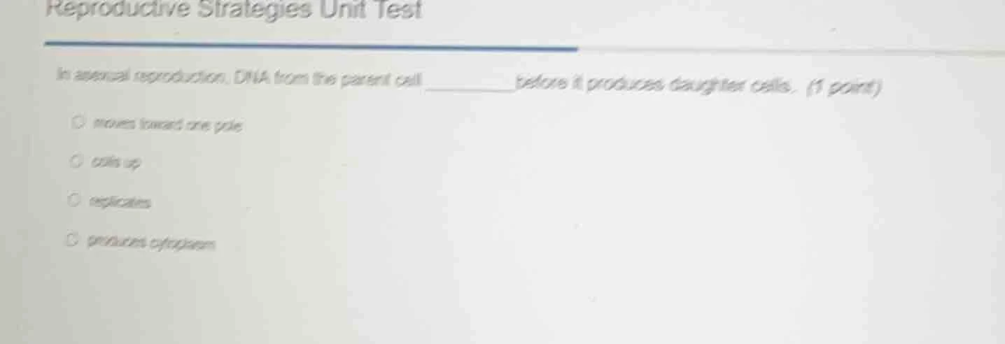 reproductive strategies unit test in asexual reproduction, dna from the…
