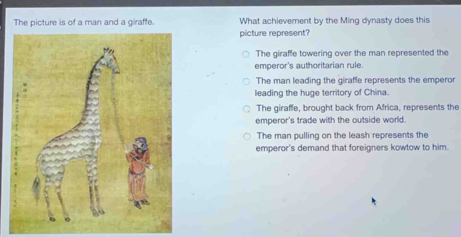 the picture is of a man and a giraffe. what achievement by the ming dyn…
