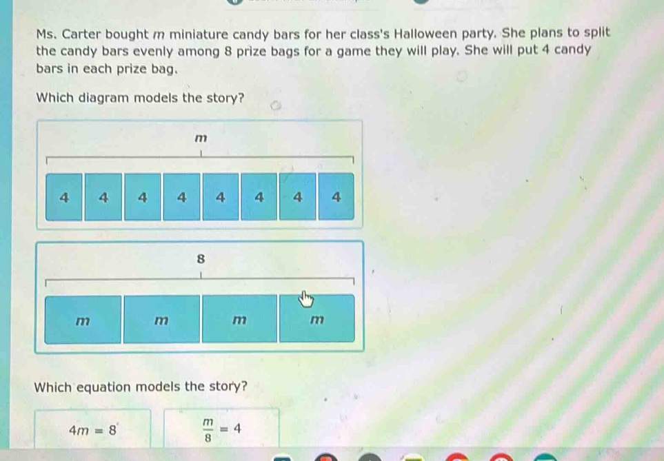 ms. carter bought m miniature candy bars for her classs halloween party…