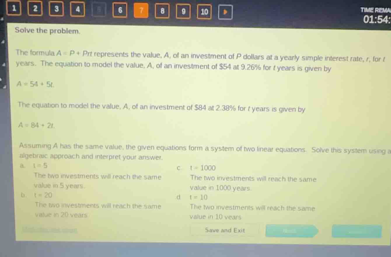 solve the problem. the formula ( a = p + prt ) represents the value, ( …