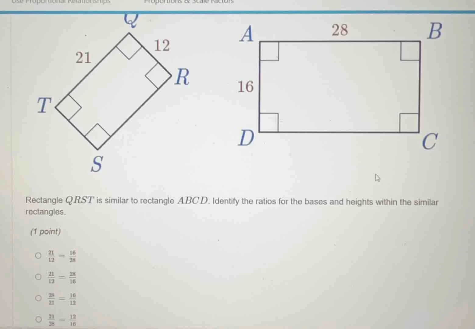 rectangle qrst is similar to rectangle abcd. identify the ratios for th…