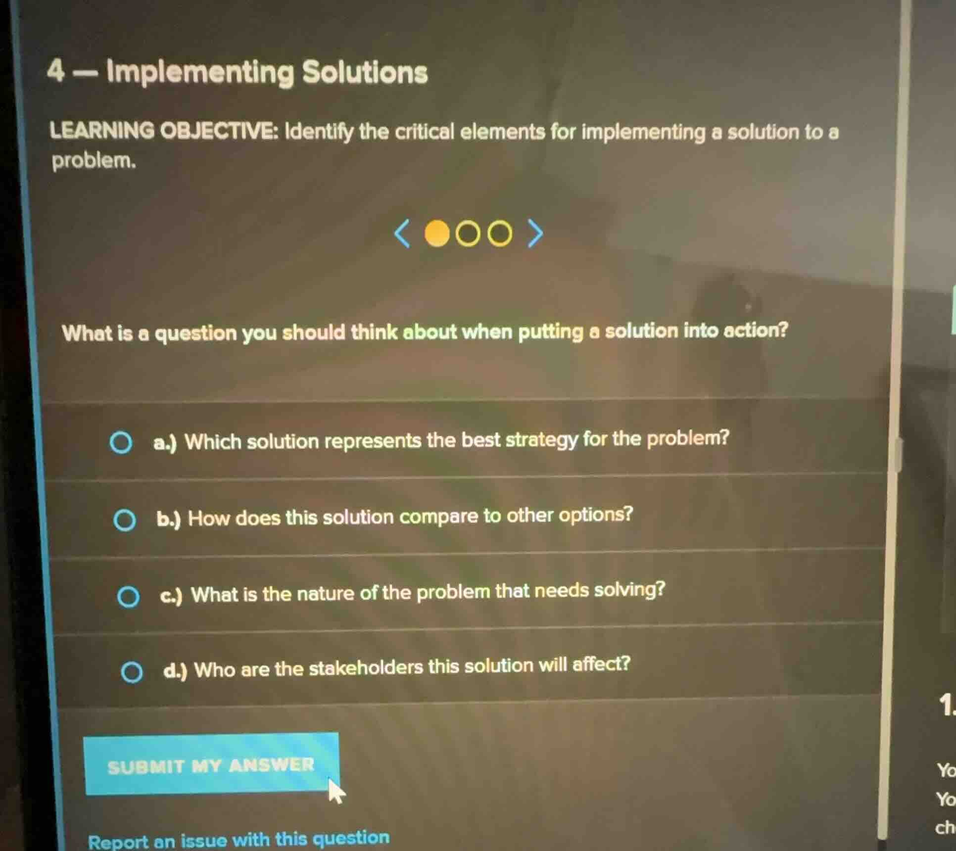 4 — implementing solutions learning objective: identify the critical el…