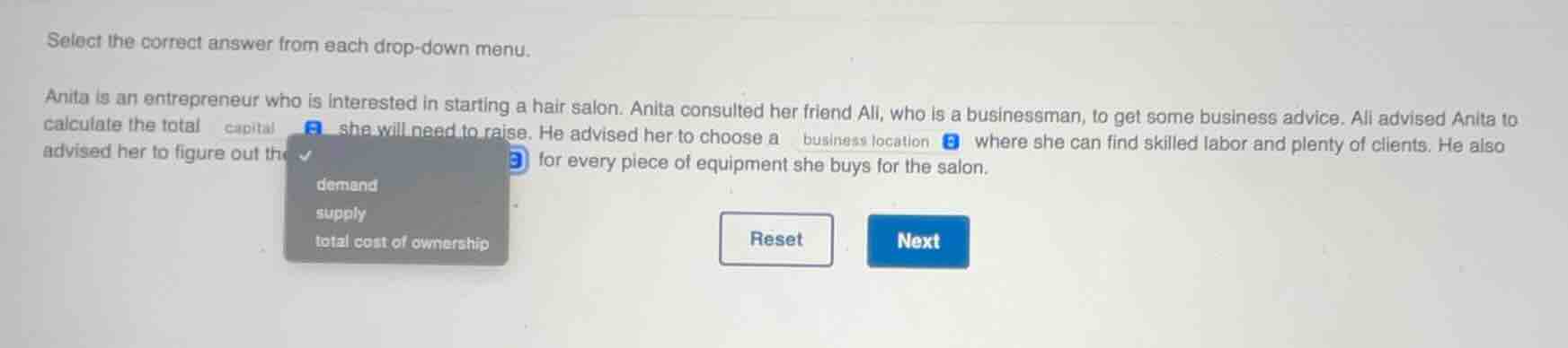 select the correct answer from each drop - down menu. anita is an entre…