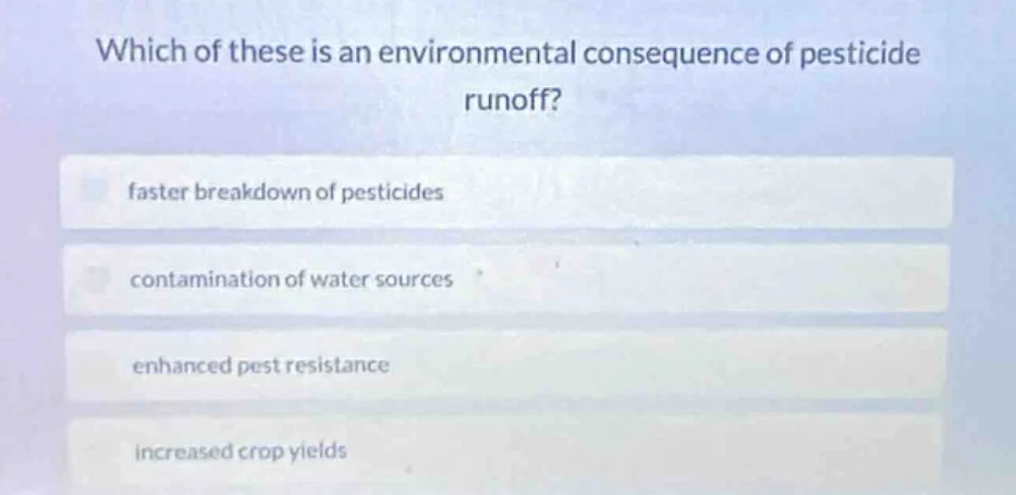 which of these is an environmental consequence of pesticide runoff? fas…