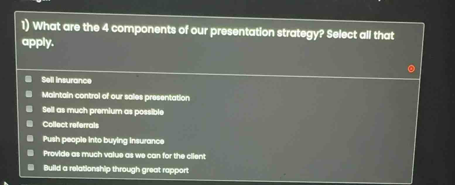 1) what are the 4 components of our presentation strategy? select all t…