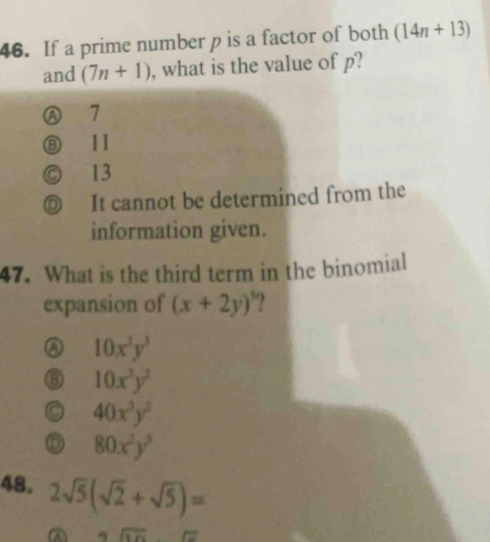 46. if a prime number p is a factor of both (14n + 13) and (7n + 1), wh…