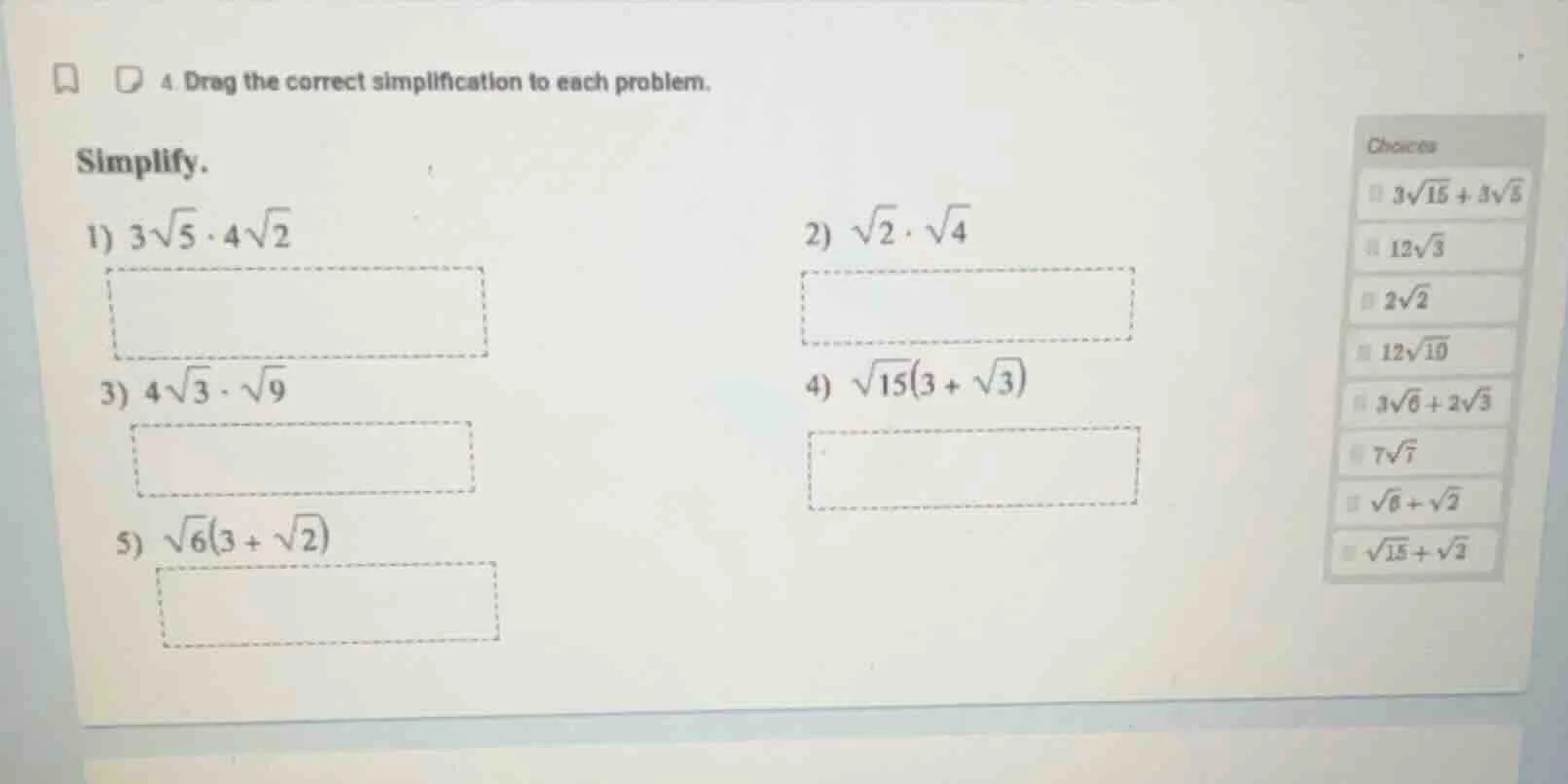 4. drag the correct simplification to each problem. simplify. 1) $3\\sq…