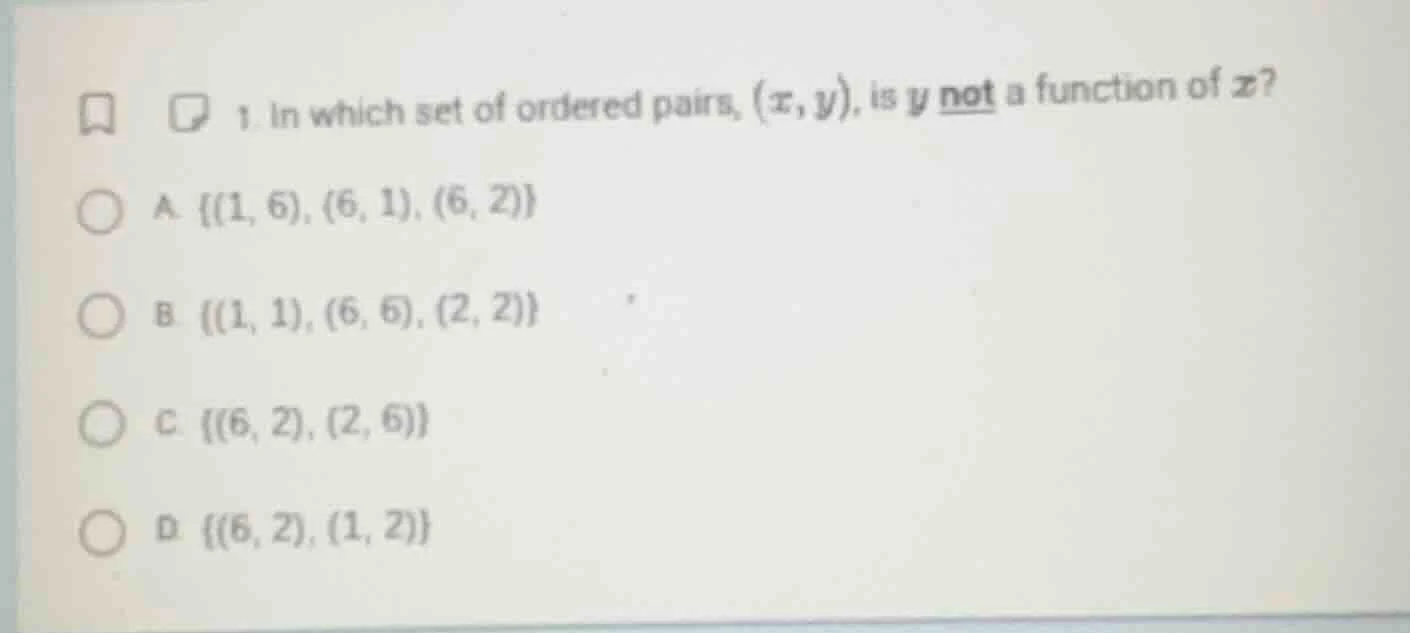 1. in which set of ordered pairs, ((x, y)), is (y) not a function of (x…