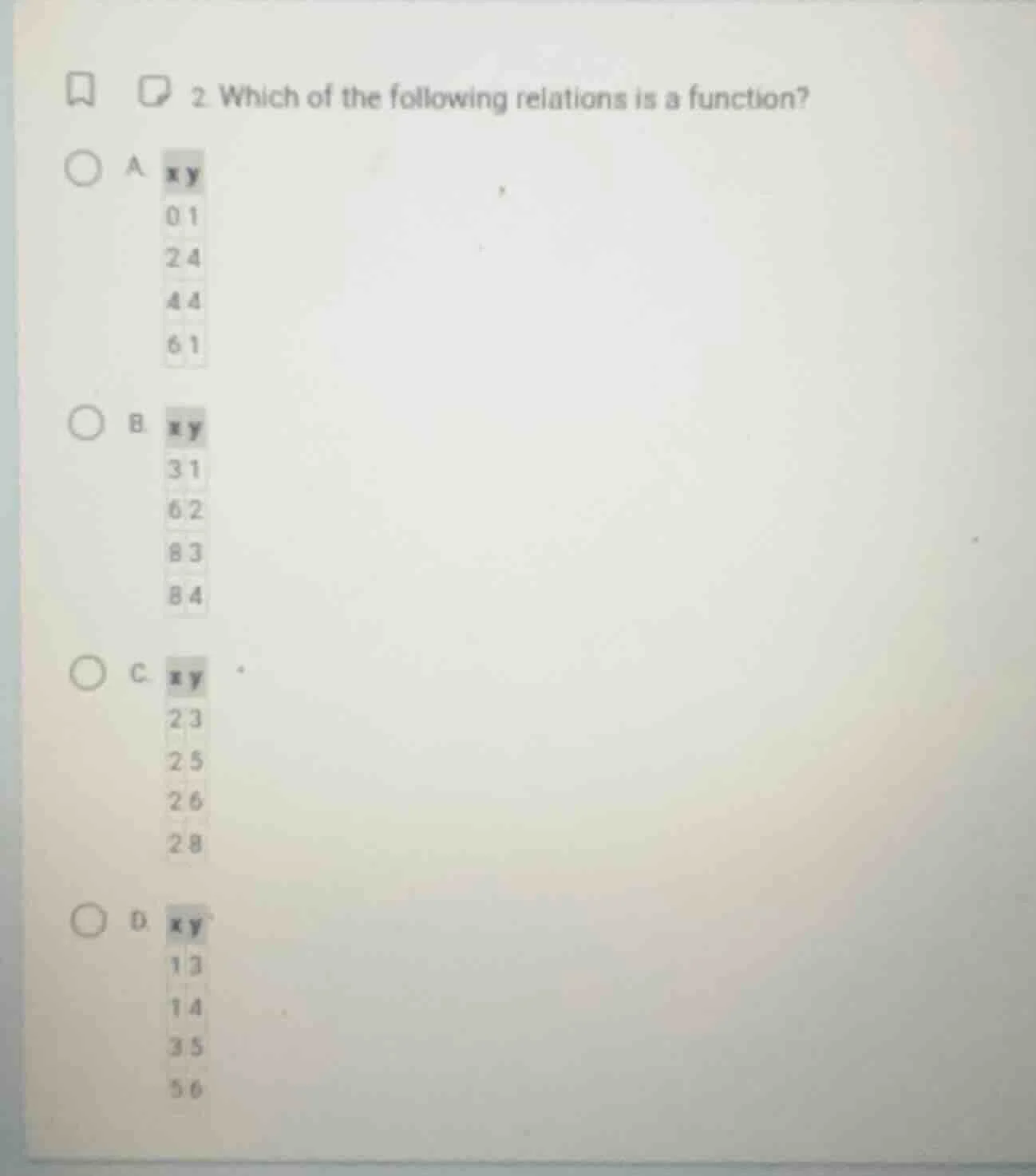 2 which of the following relations is a function? a. |x|y| |0|1| |2|4| …