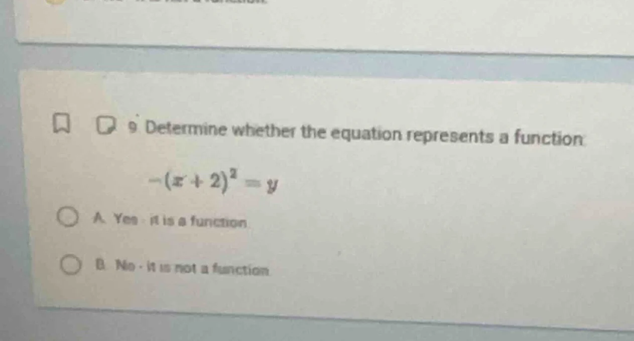 9 determine whether the equation represents a function. $-(x + 2)^2 = y…