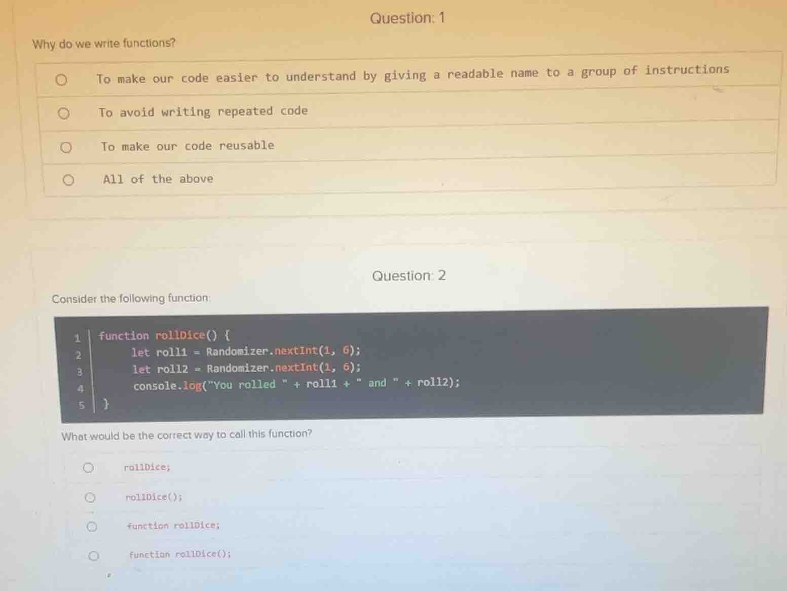 question: 1 why do we write functions? - to make our code easier to und…
