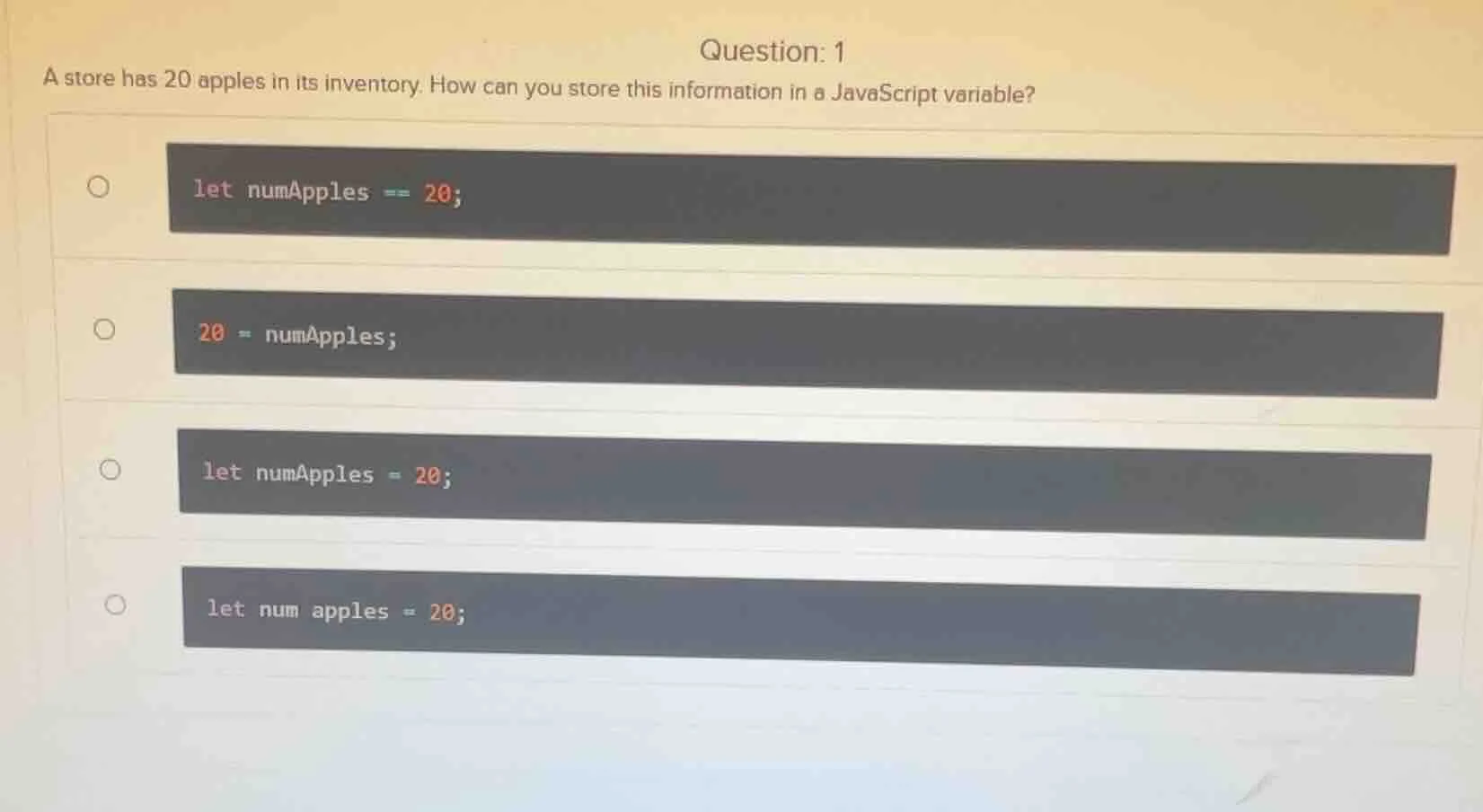 question: 1 a store has 20 apples in its inventory. how can you store t…