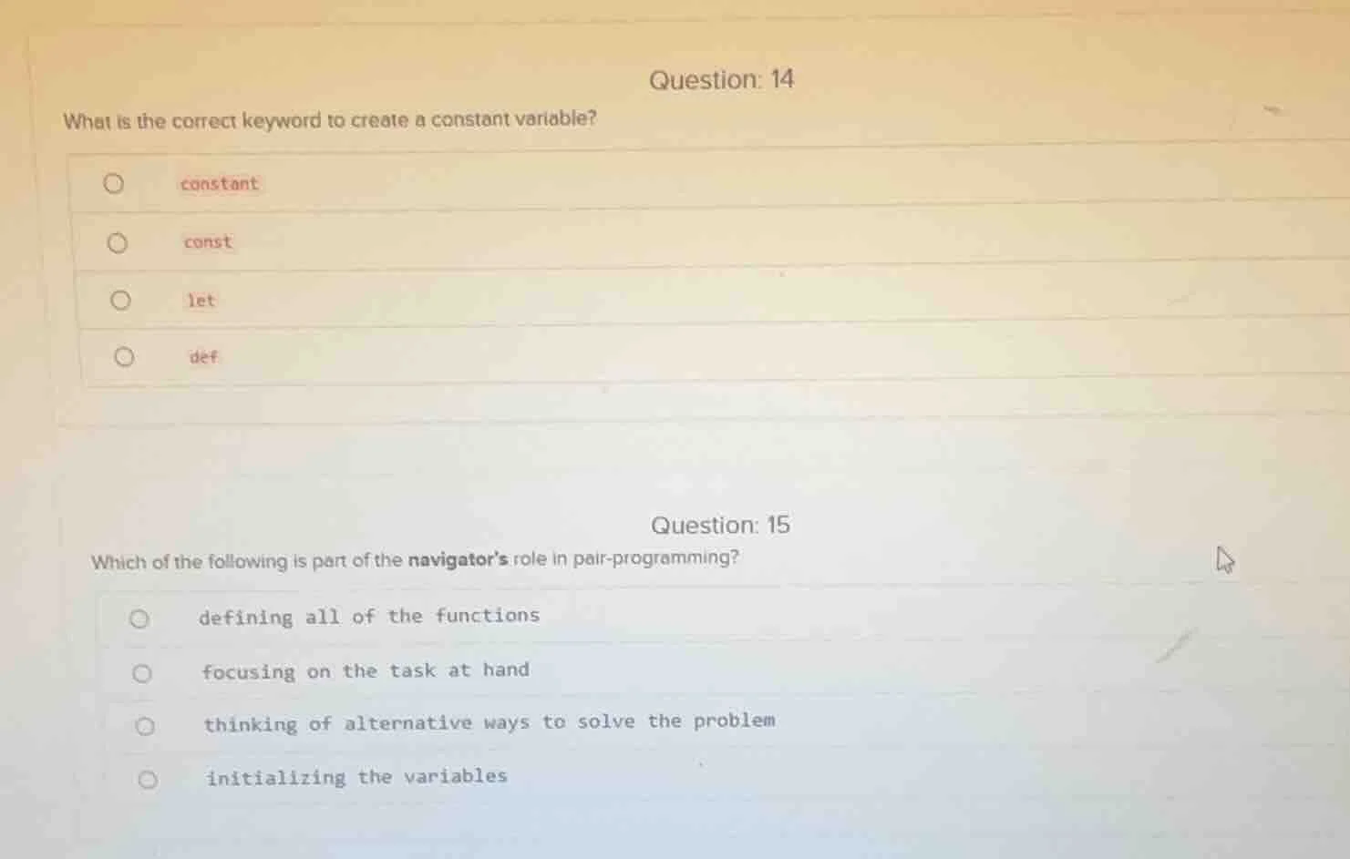 question: 14 what is the correct keyword to create a constant variable?…