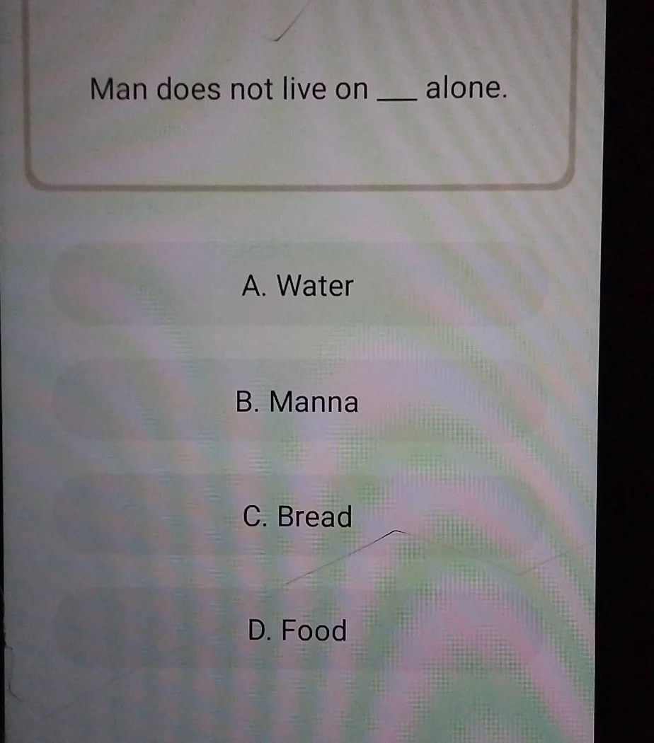 man does not live on ___ alone. a. water b. manna c. bread d. food