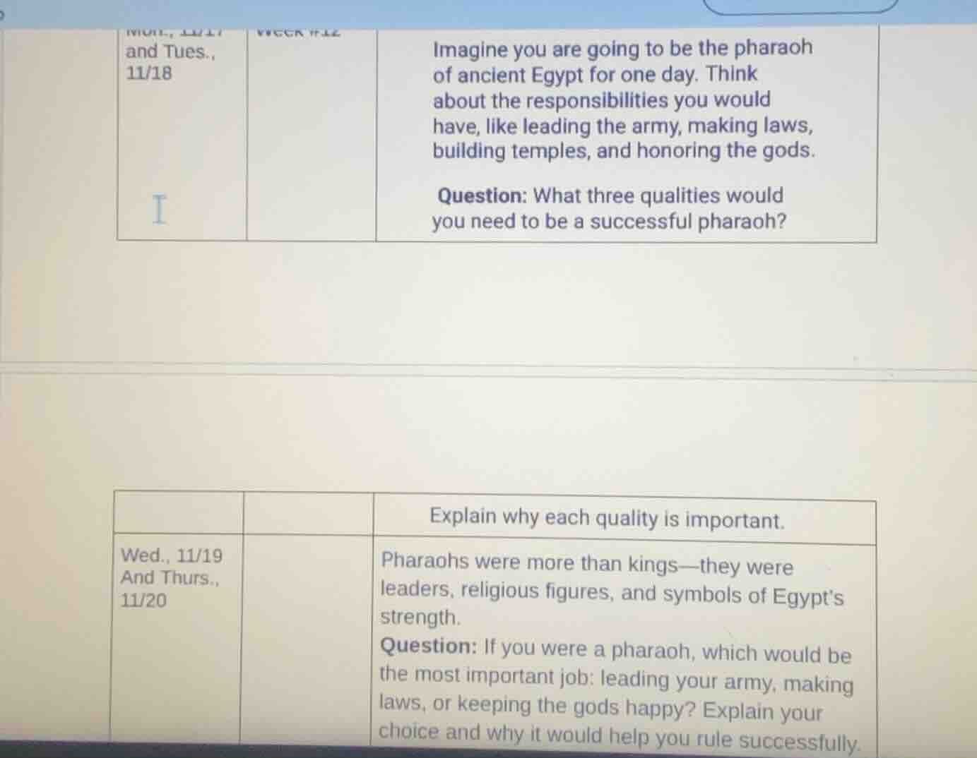 mon., 11/17 and tues., 11/18 imagine you are going to be the pharaoh of…