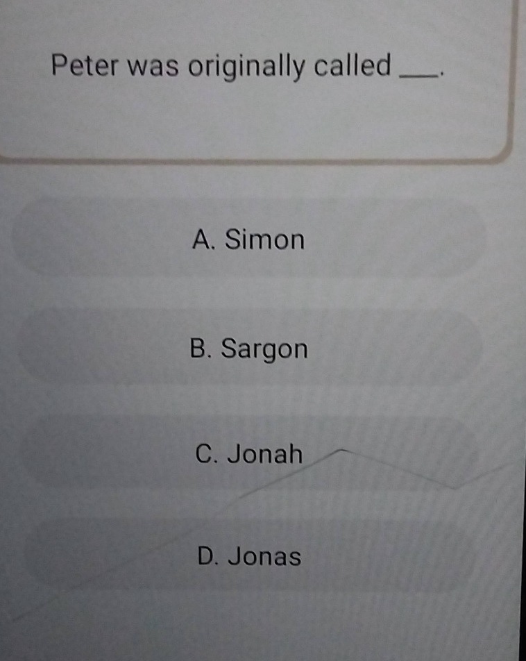 peter was originally called ___. a. simon b. sargon c. jonah d. jonas