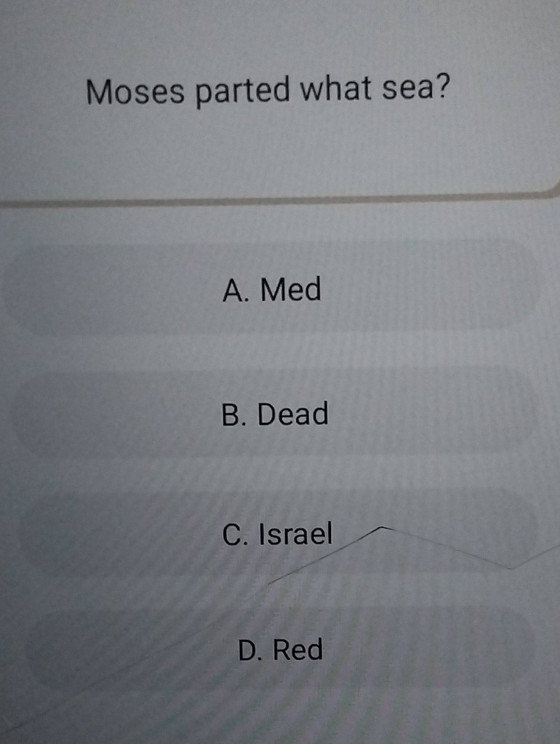 moses parted what sea? a. med b. dead c. israel d. red
