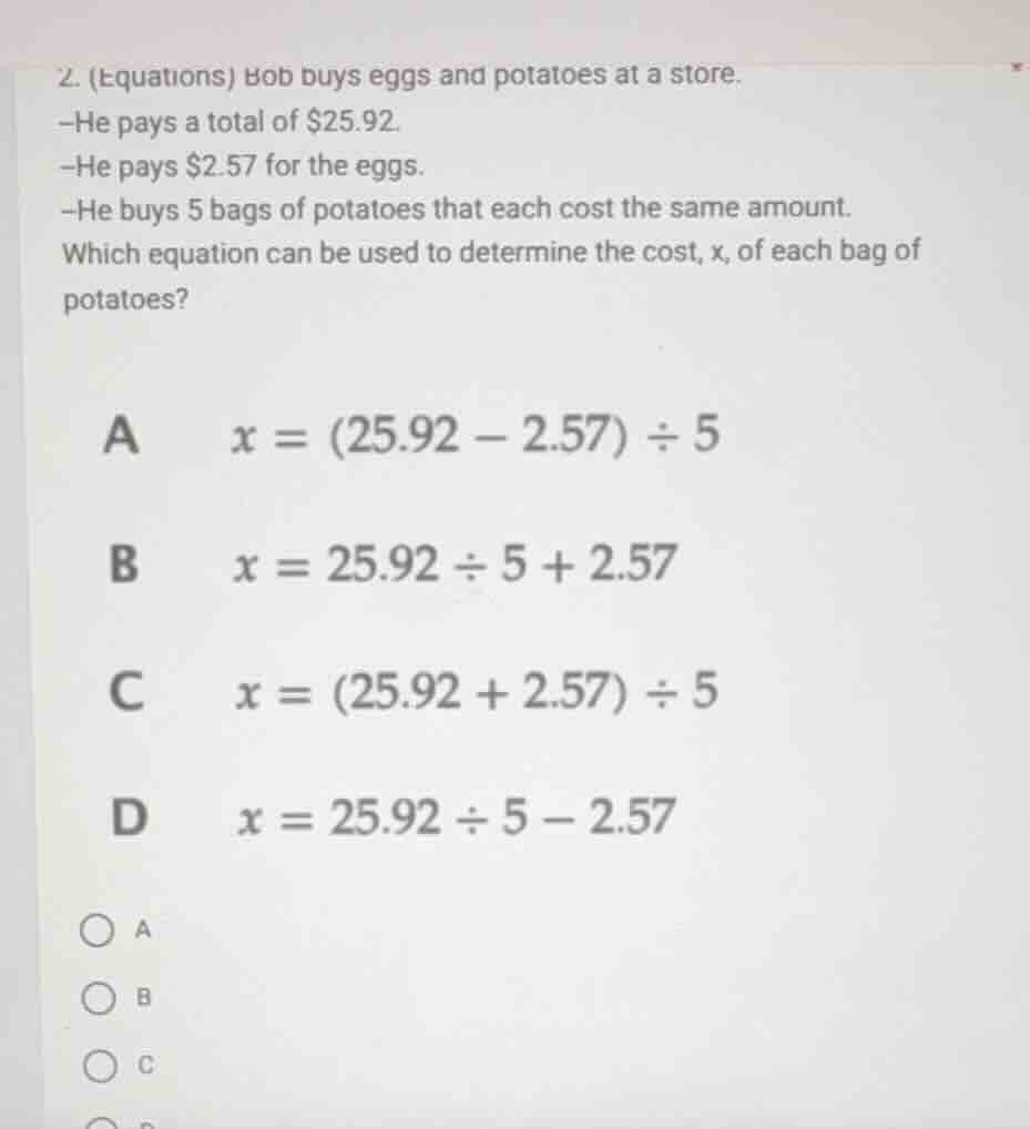 2. (equations) bob buys eggs and potatoes at a store. —he pays a total …