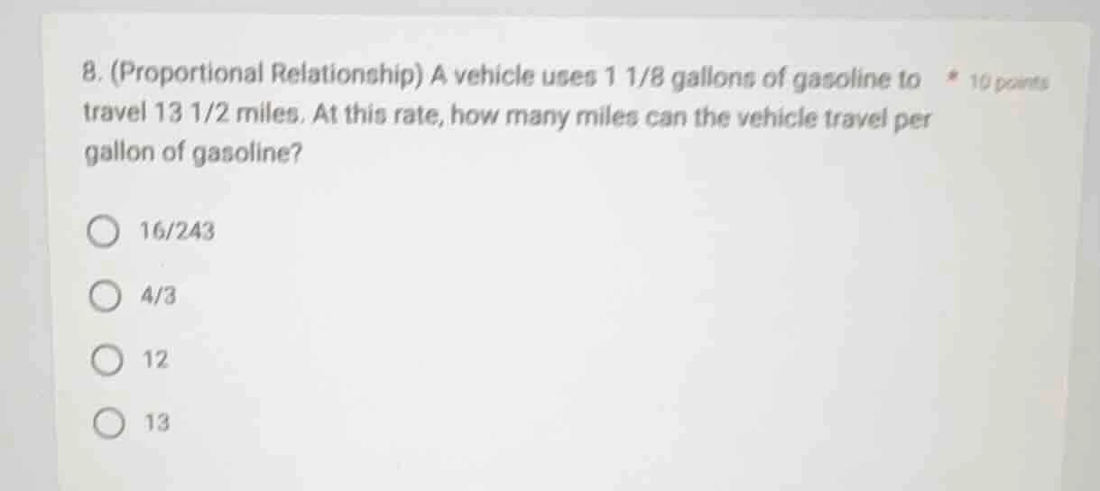 8. (proportional relationship) a vehicle uses $1\\ 1/8$ gallons of gaso…