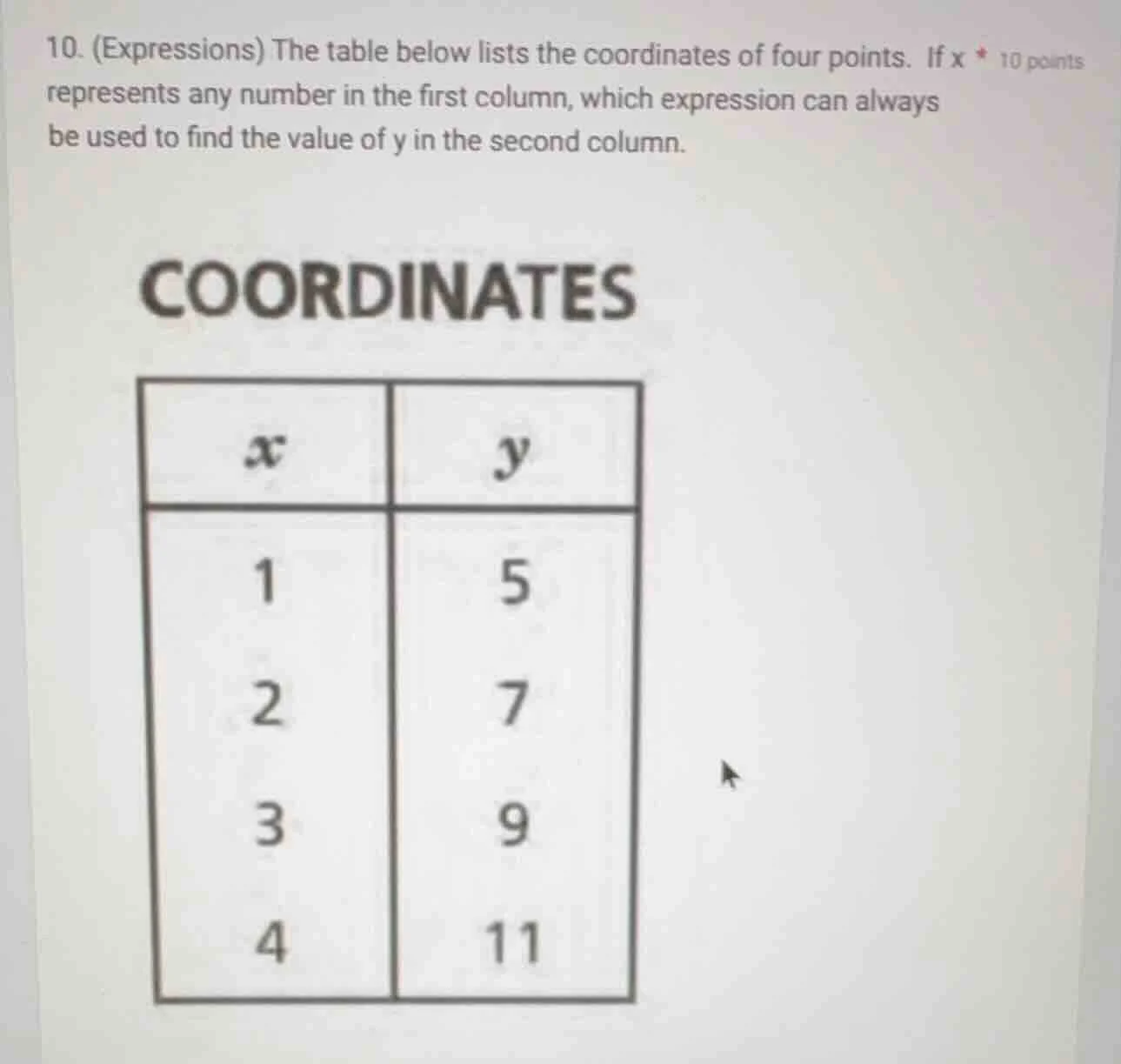 10. (expressions) the table below lists the coordinates of four points.…