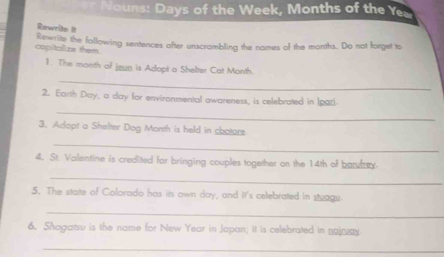nouns: days of the week, months of the year rewrite it rewrite the foll…