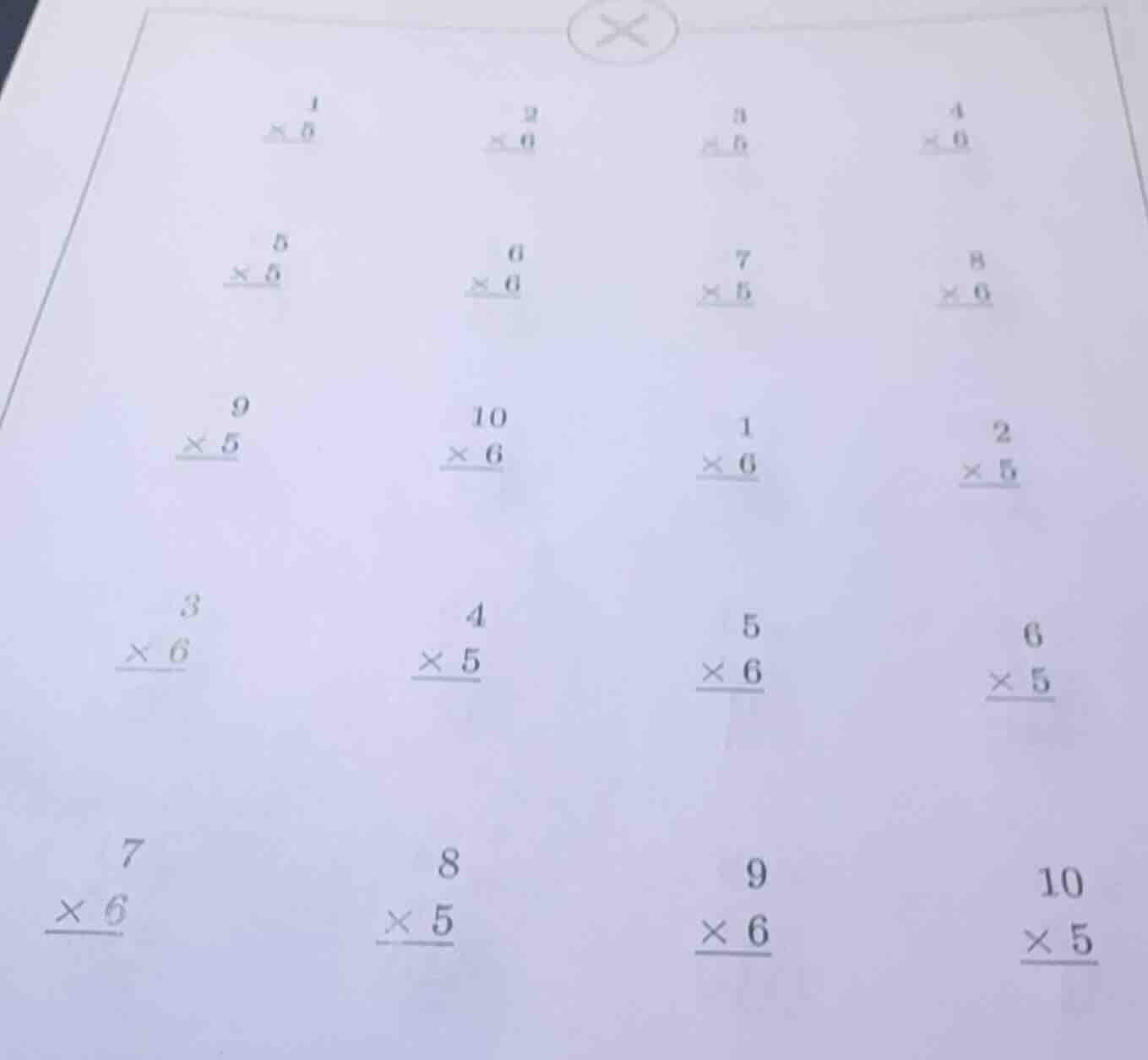 1 × 5, 2 × 6, 3 × 5, 4 × 6, 5 × 5, 6 × 6, 7 × 5, 8 × 6, 9 × 5, 10 × 6, …