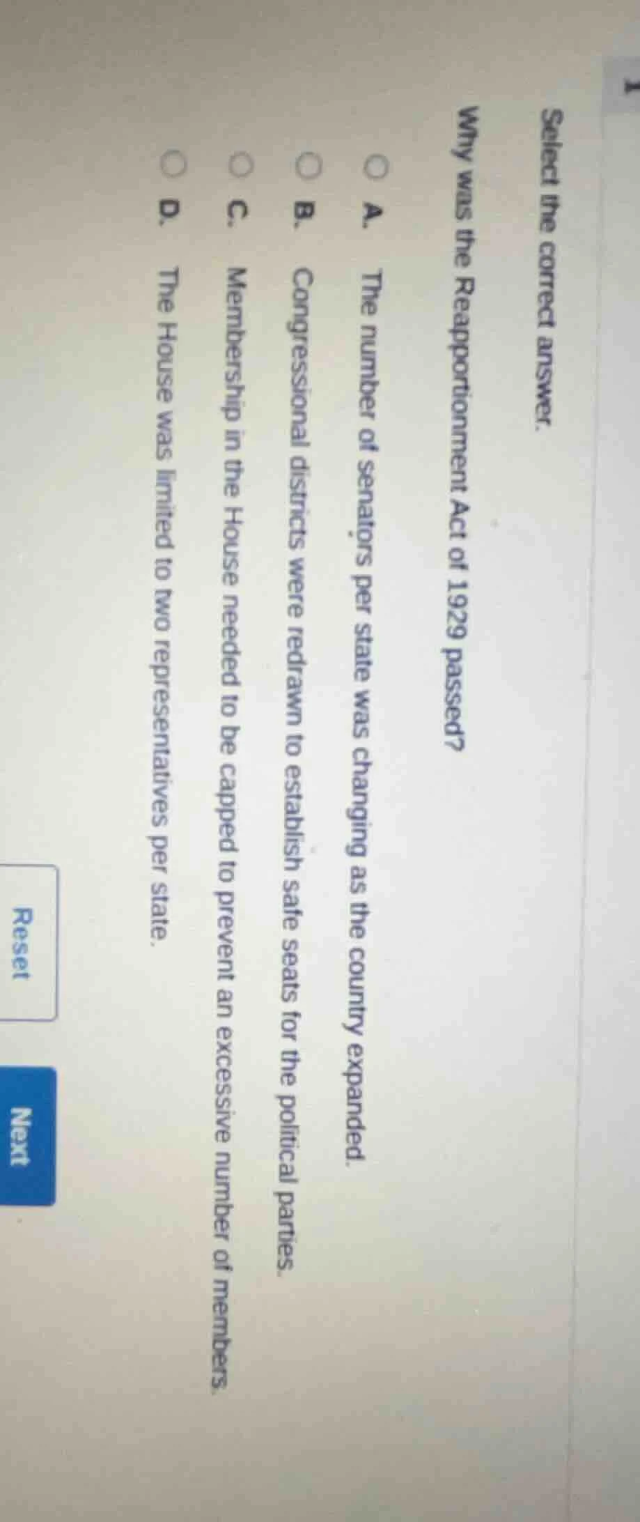 select the correct answer. why was the reapportionment act of 1929 pass…