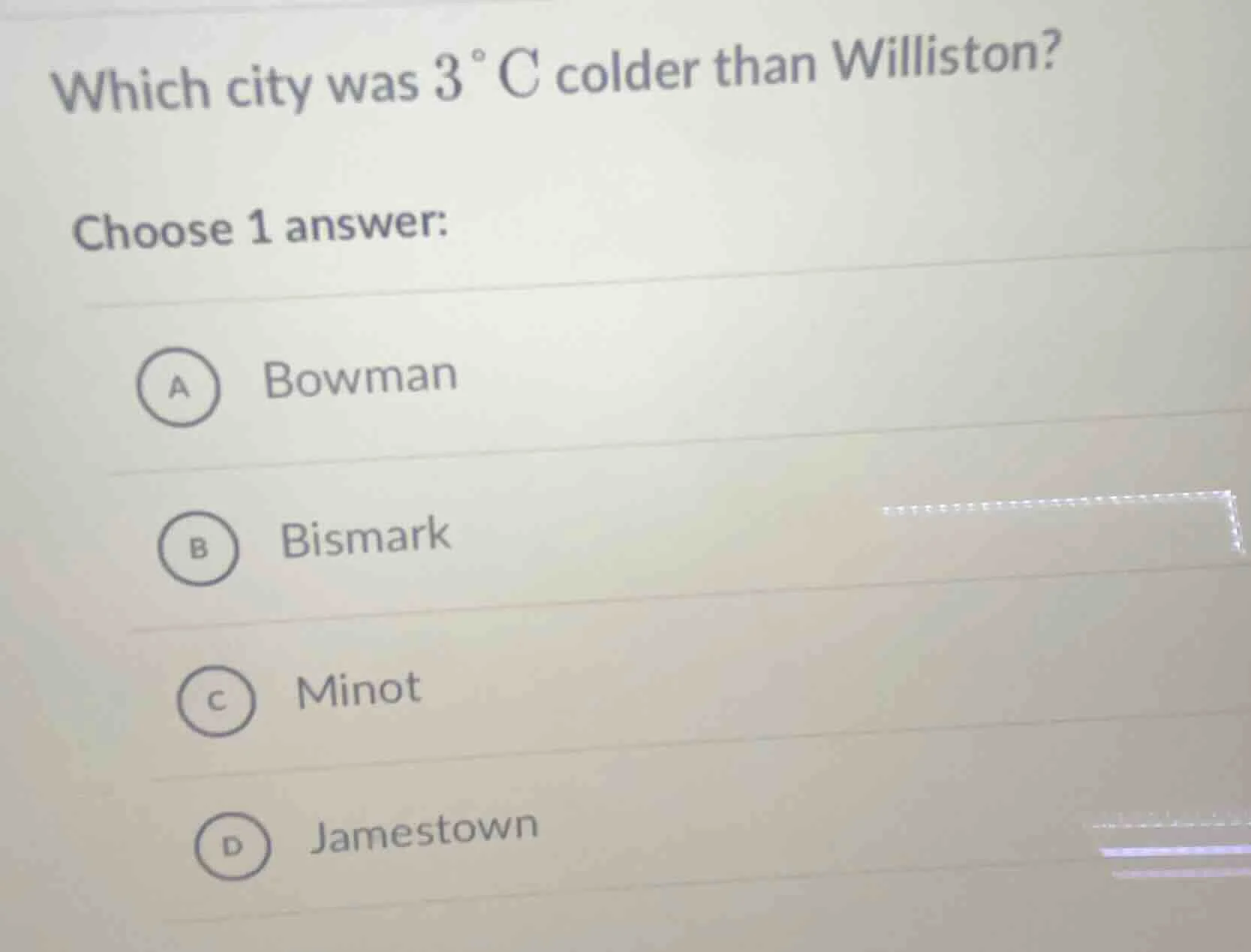 which city was $3\\,^{\\circ}\\text{c}$ colder than williston? choose 1…