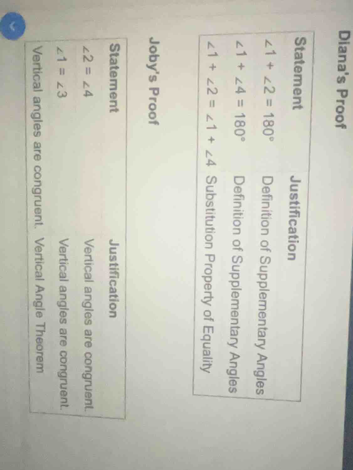 diana’s proof statement\tjustification ∠1 + ∠2 = 180°\tdefinition of su…