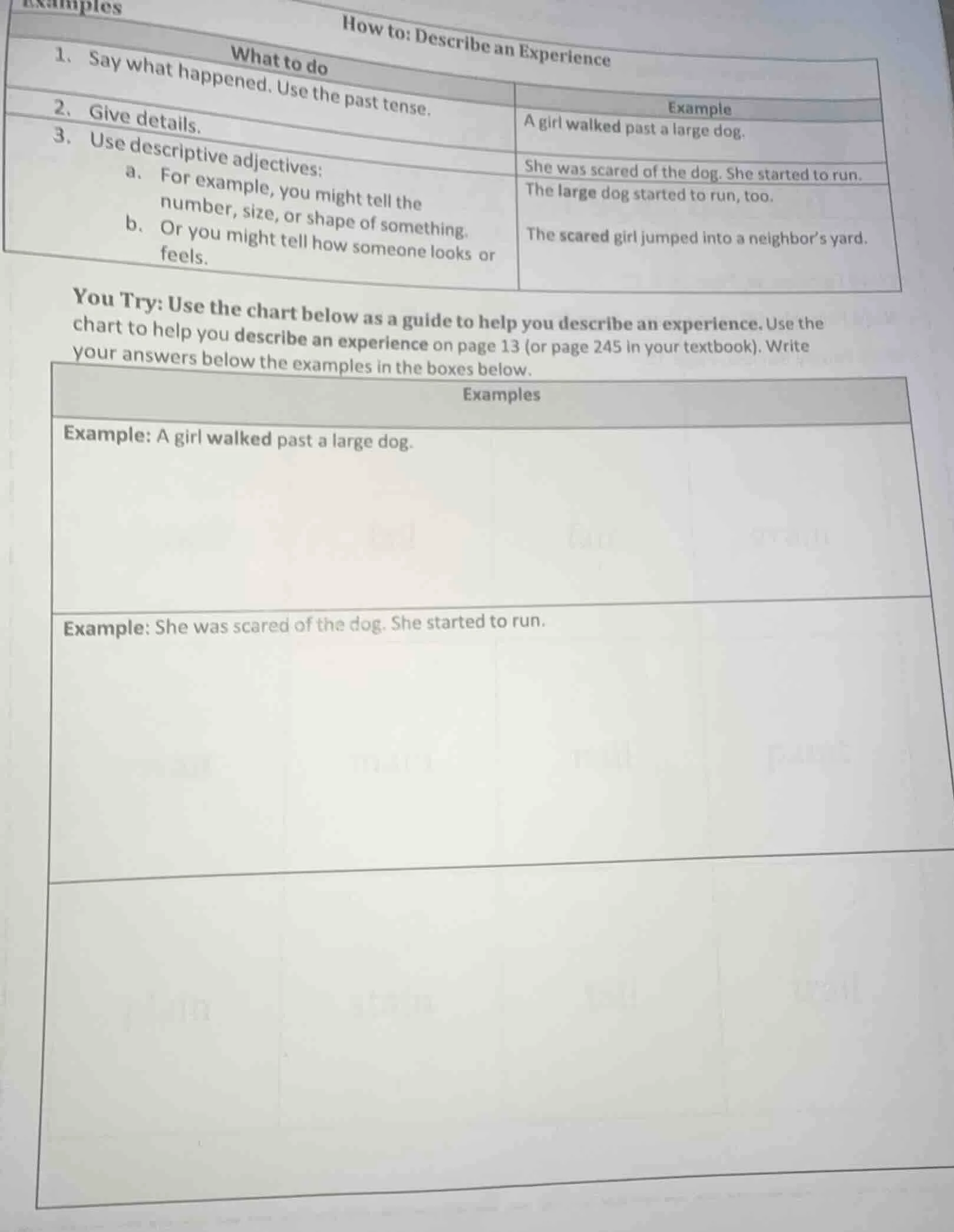 examples how to: describe an experience 1. say what happened. use the p…
