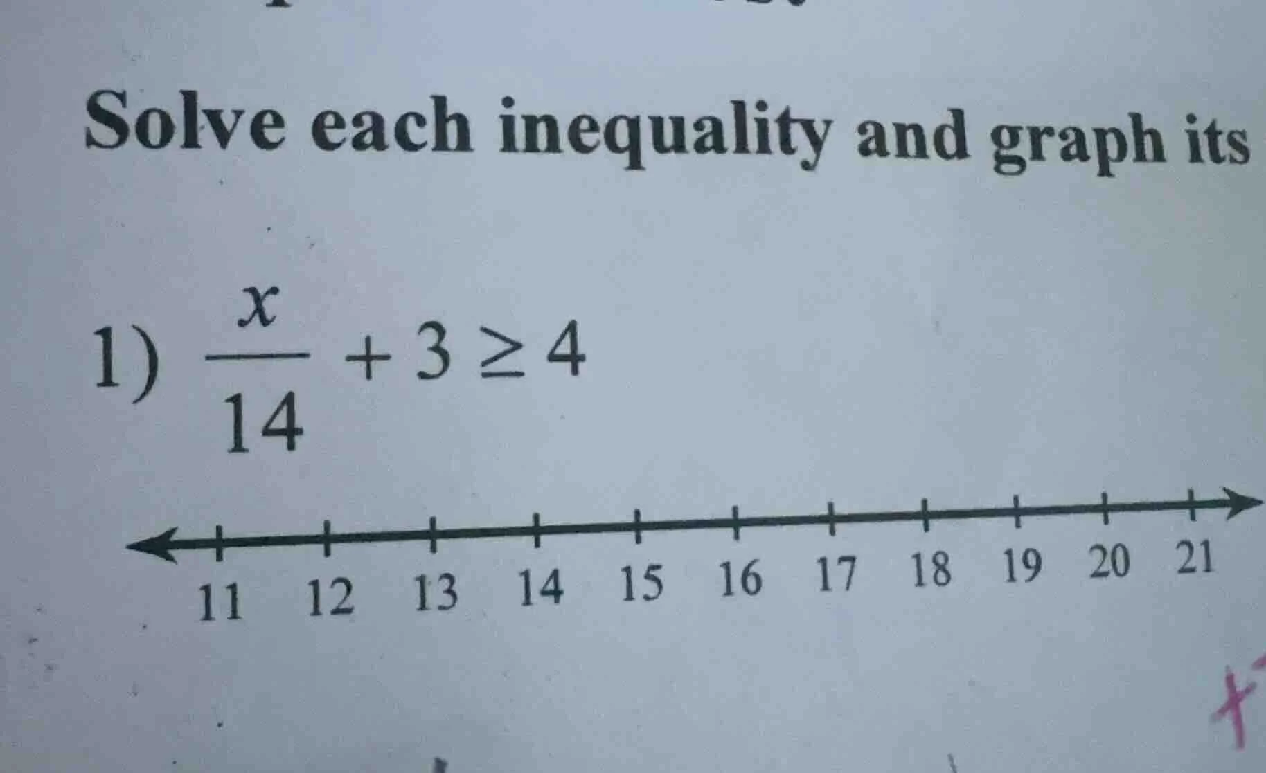 solve each inequality and graph its 1) $\frac{x}{14} + 3 \\geq 4$ numbe…