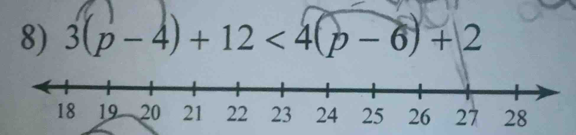 8) $3(p - 4) + 12 < 4(p - 6) + 2$