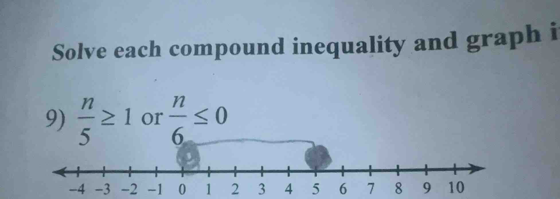 solve each compound inequality and graph i 9) $\frac{n}{5} geq 1$ or $\…