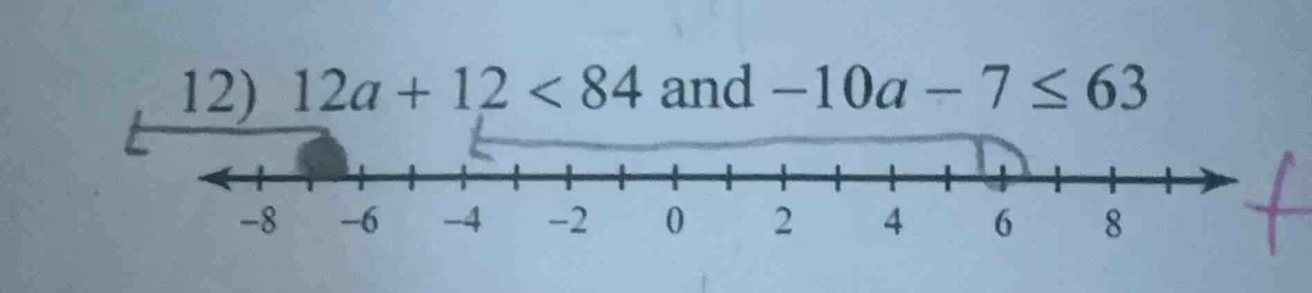 12) 12a + 12 < 84 and -10a - 7 ≤ 63