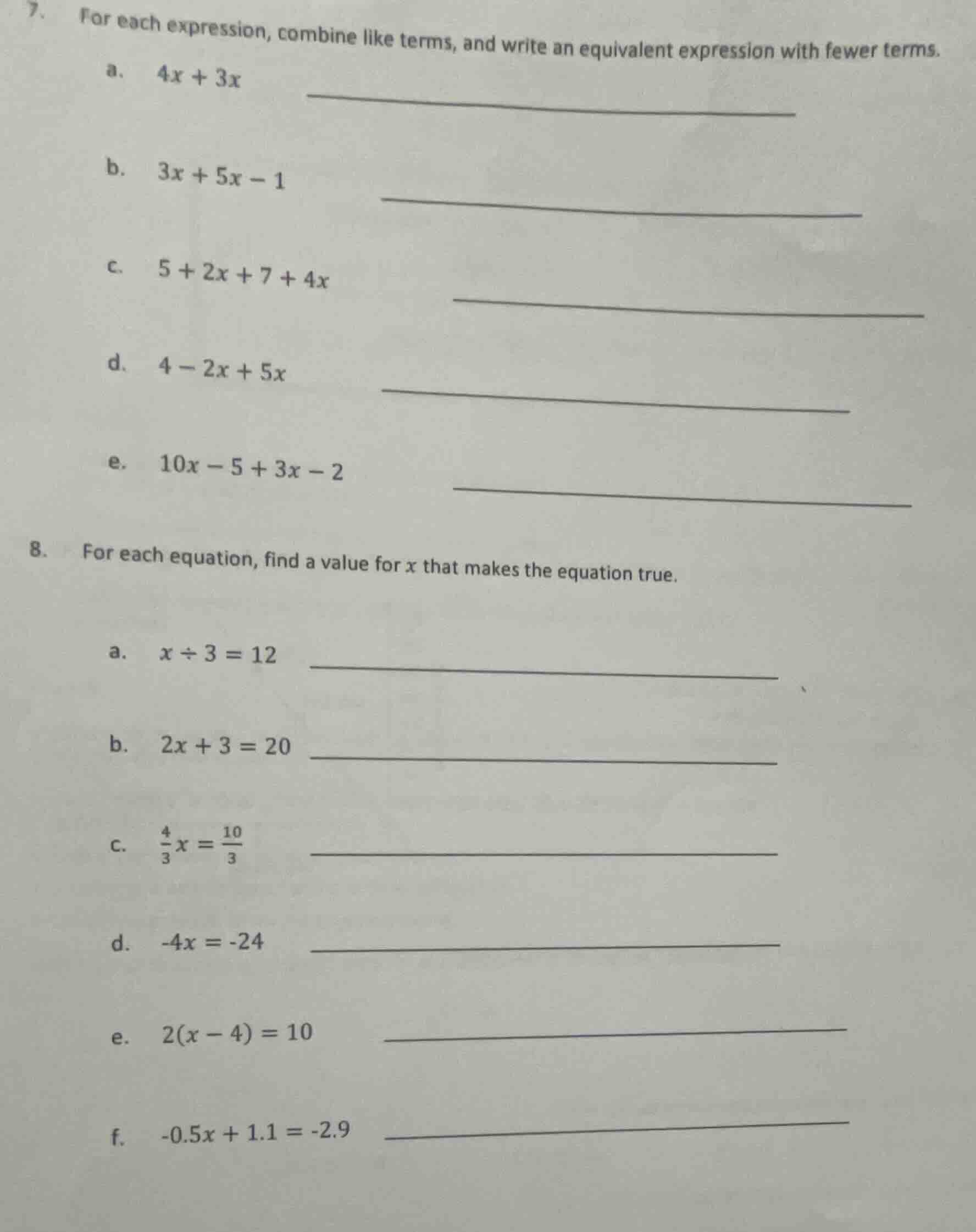 7. for each expression, combine like terms, and write an equivalent exp…