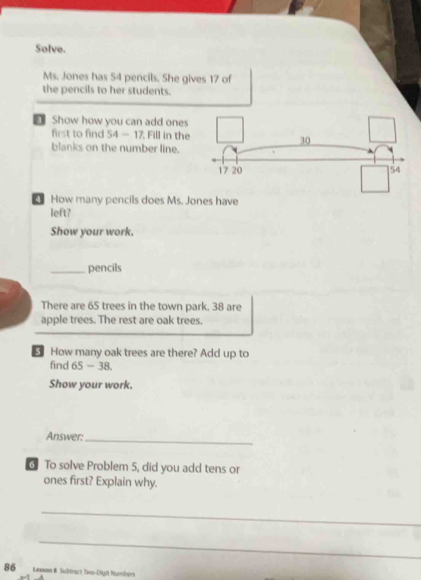 solve. ms. jones has 54 pencils. she gives 17 of the pencils to her stu…