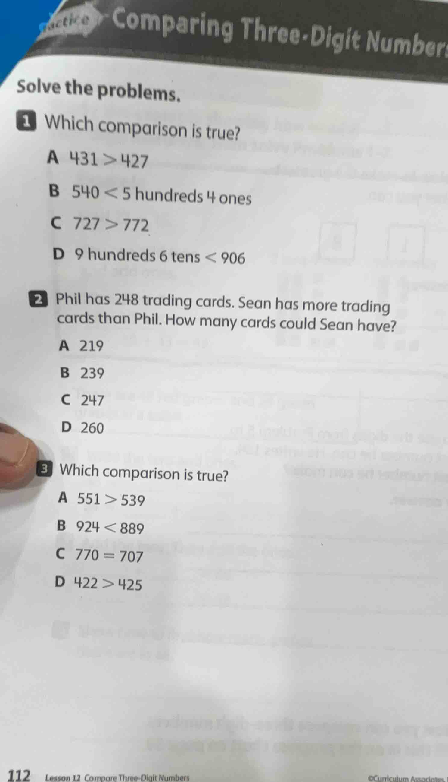 solve the problems. 1 which comparison is true? a 431 > 427 b 540 < 5 h…