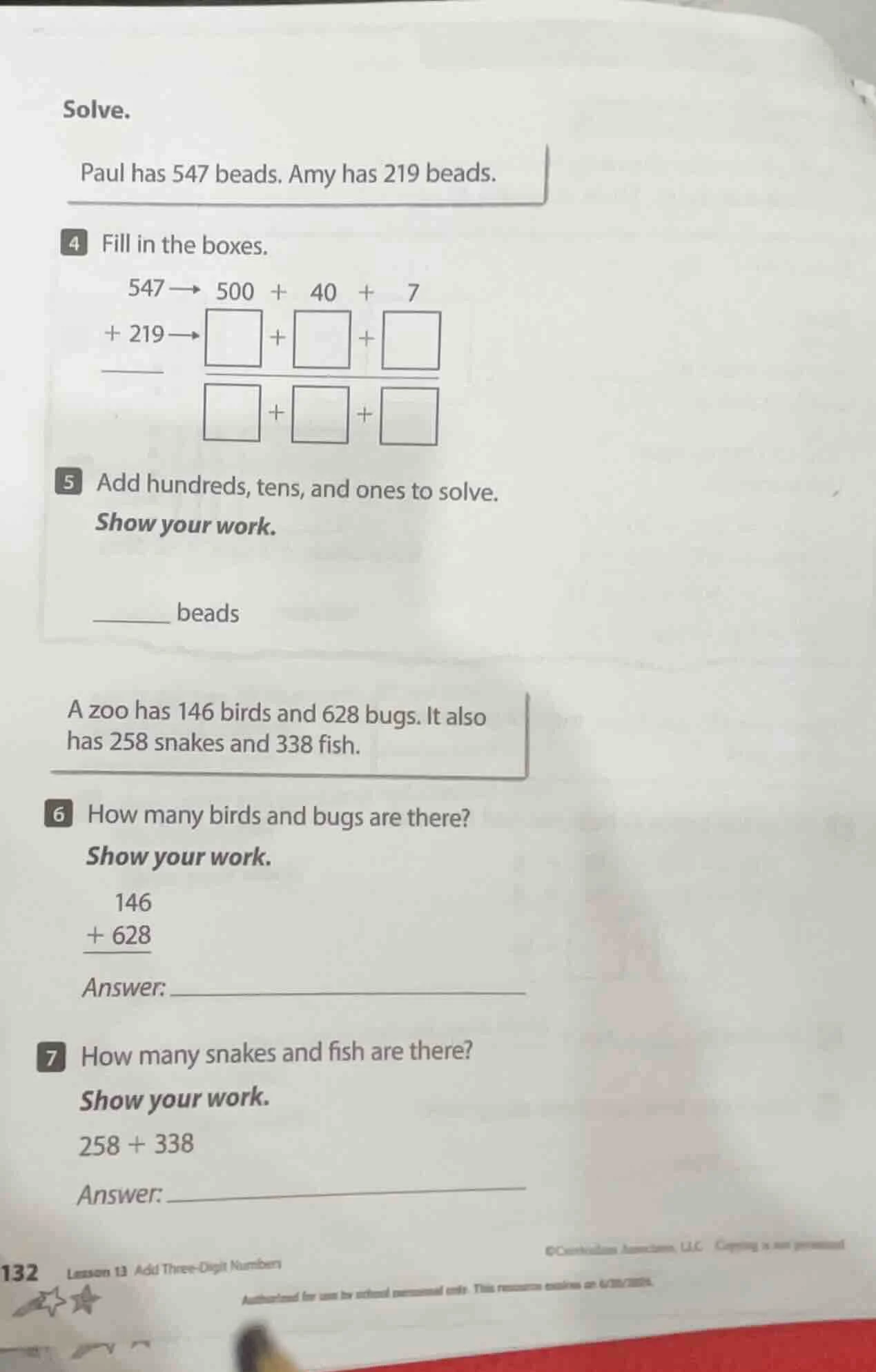 solve. paul has 547 beads. amy has 219 beads. 4 fill in the boxes. 547→…