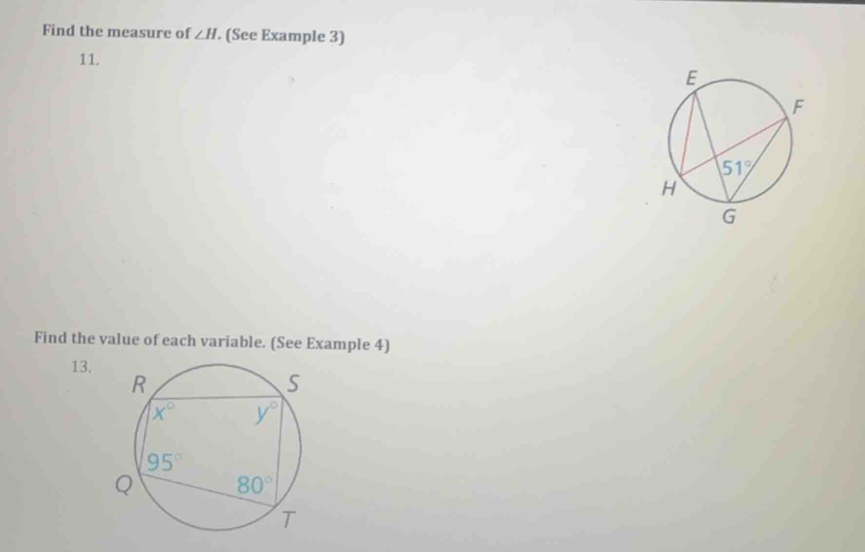 find the measure of $\\angle h$. (see example 3) 11. find the value of …